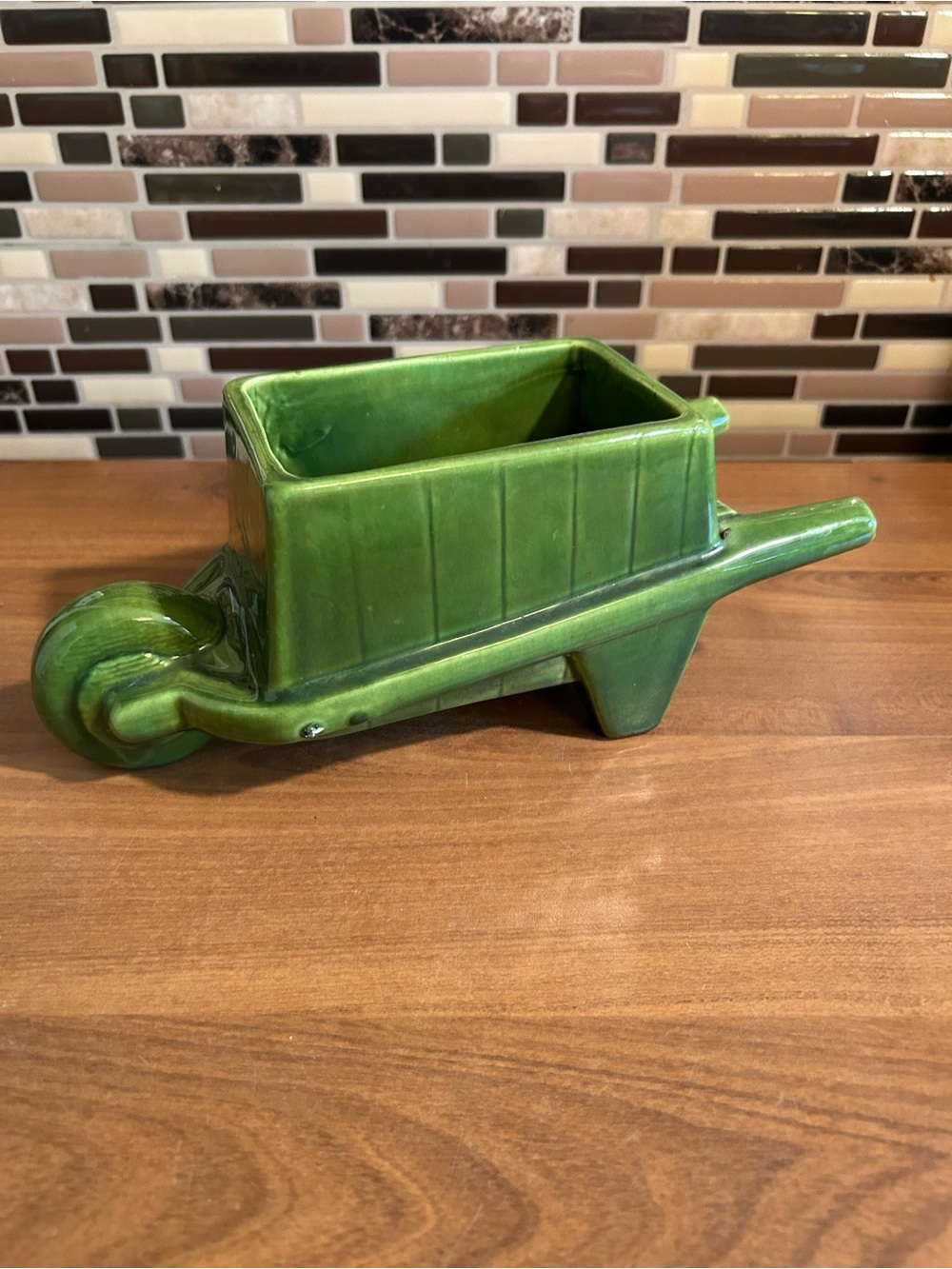 Vintage Haeger Green Ceramic Wheelbarrow Planter